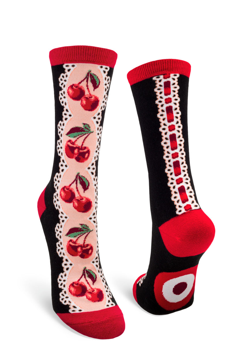 Adorable vintage-inspired crew socks for women feature ribbons of lace with double cherries and red ribbon!