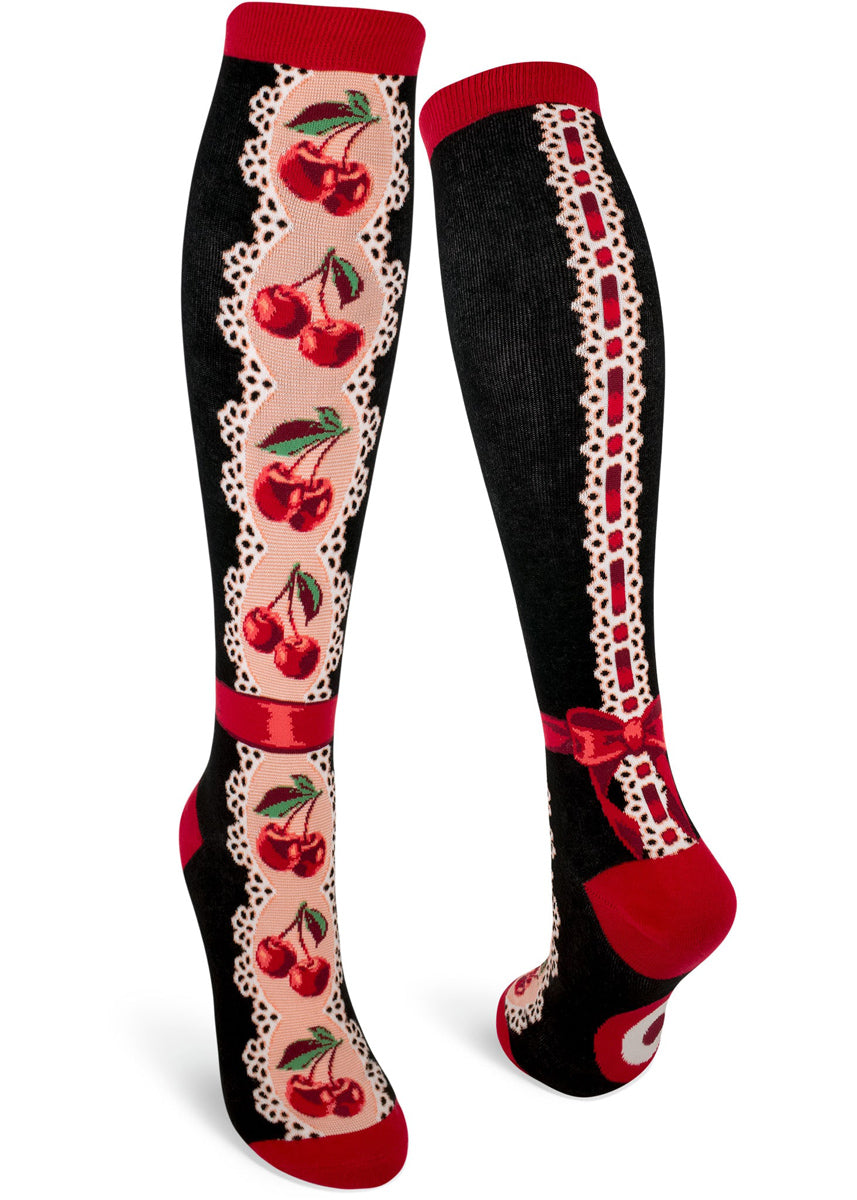 Cute cherry socks for women with red cherries, ribbons and lace on knee-high socks