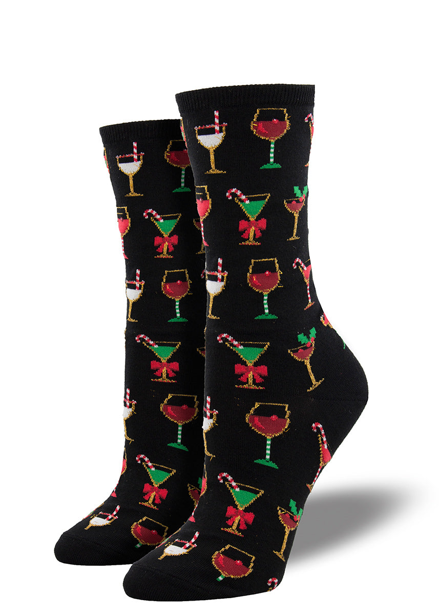 Christmas socks for women feature green and red holiday cocktails decked out with red bows and candy canes!