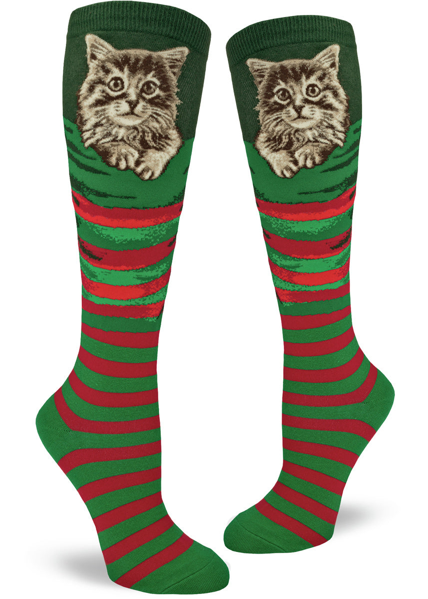 Christmas cat socks for women that look like stockings with kittens inside.