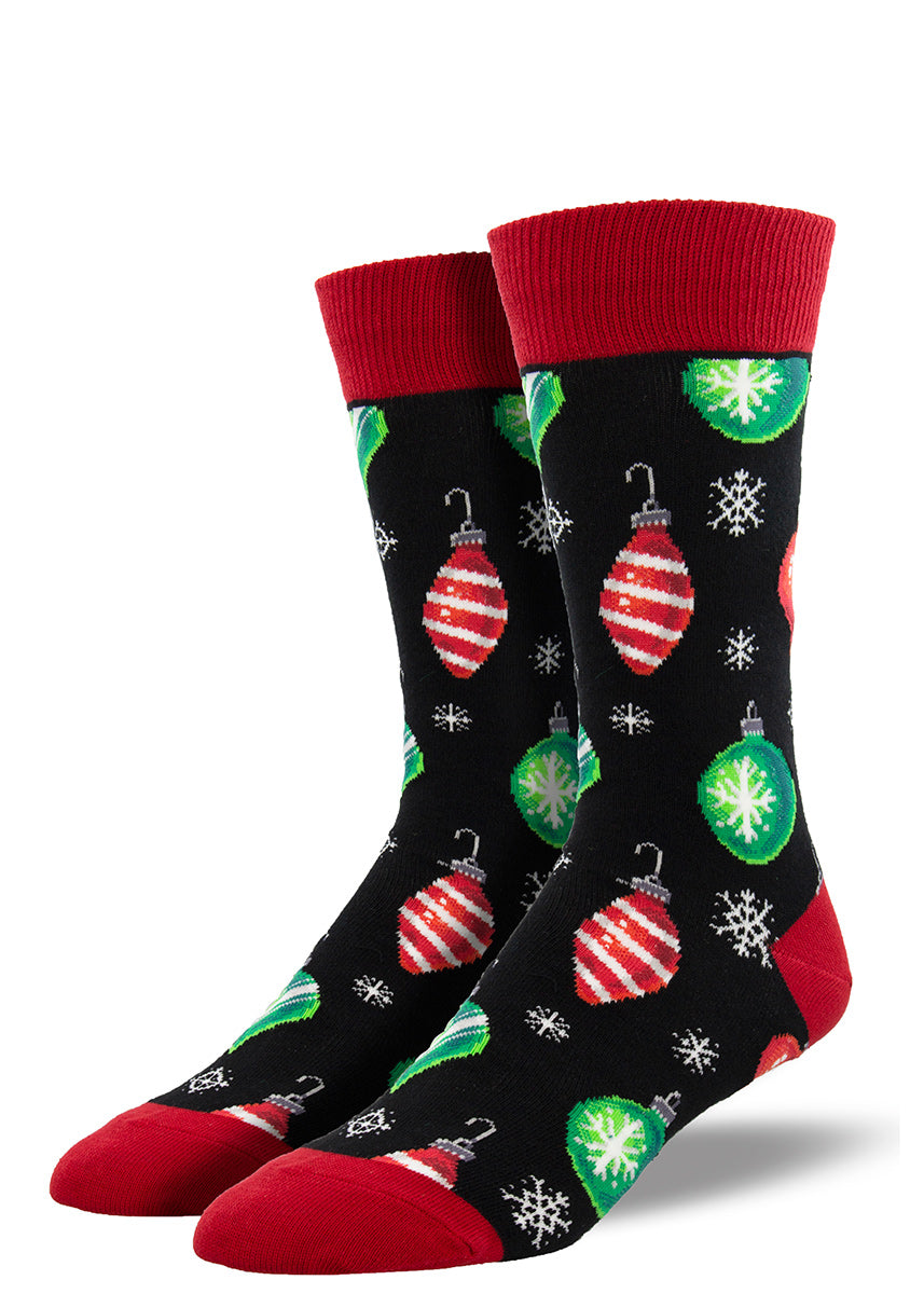 Christmas socks for men feature fancy blown glass ornaments in green and striped red and white!