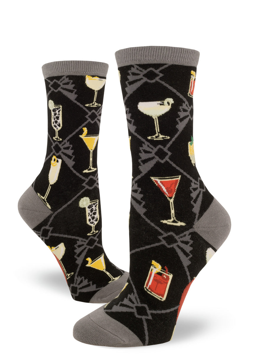 Cocktail socks for women with classic drinks on a black and gray background