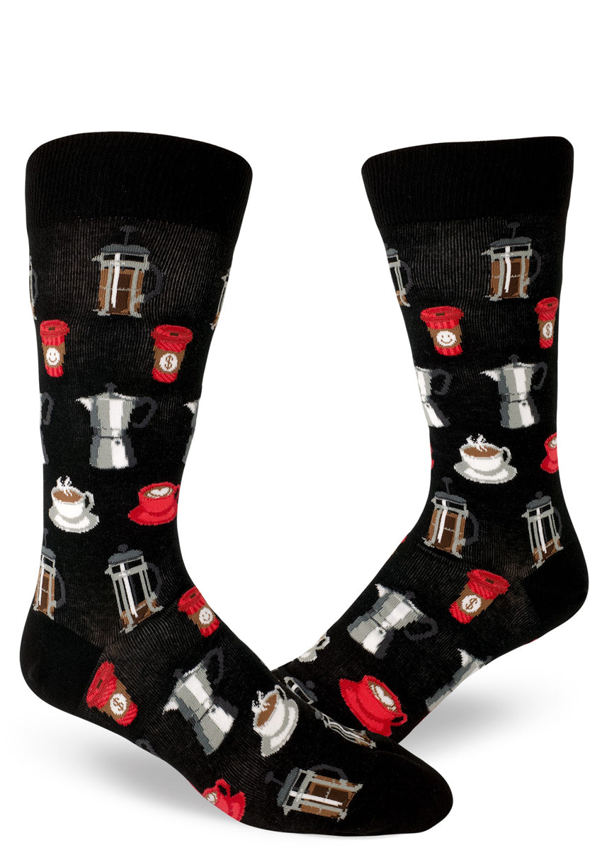 Coffee socks for men with coffee cups and French presses on a black background