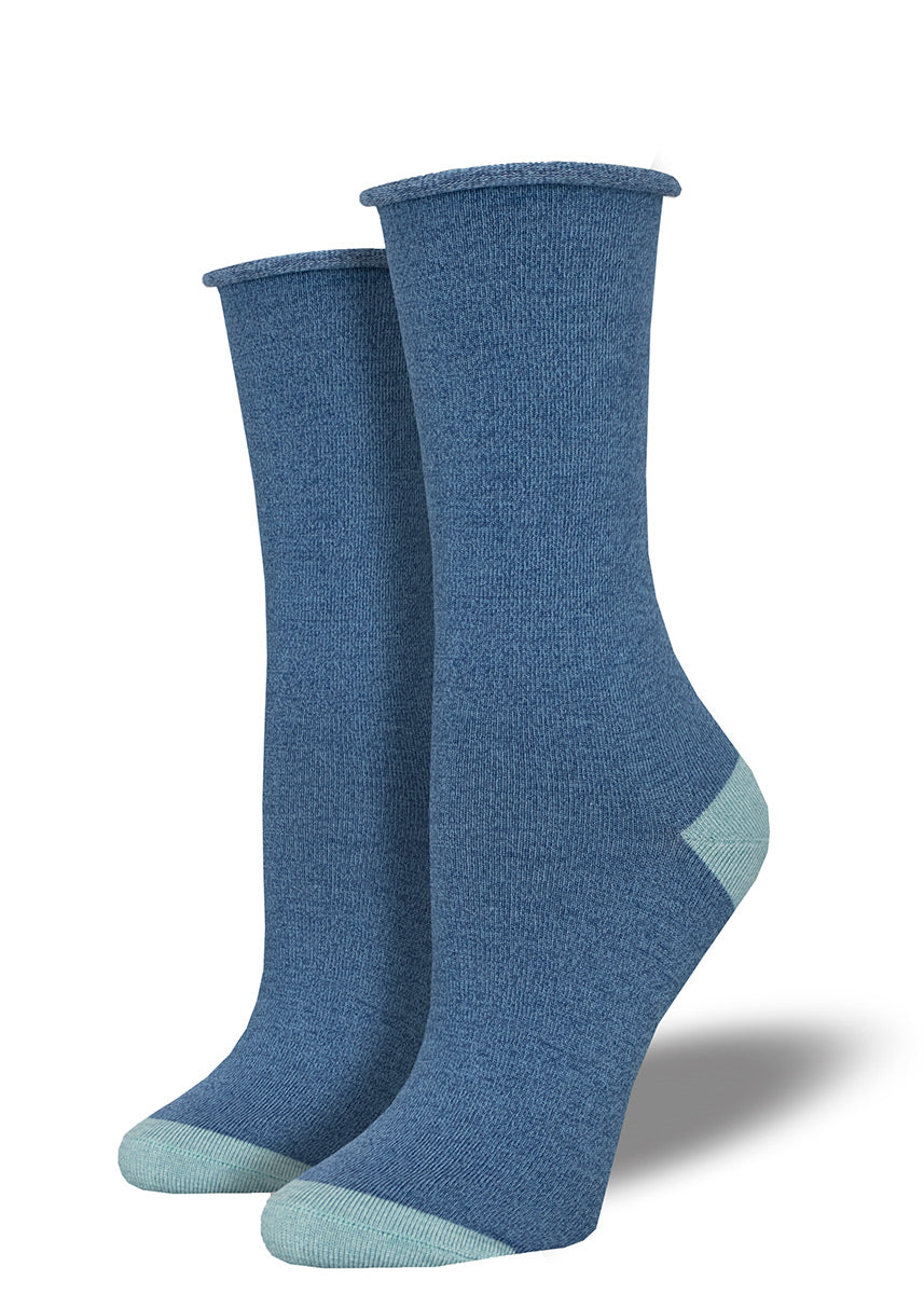 Solid blue heather women&#39;s bamboo crew socks with a roll-top cuff and contrasting light aqua heel and toe.