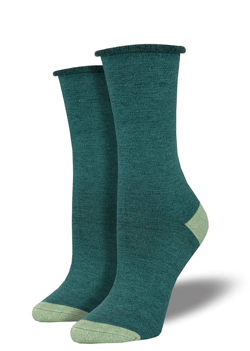 Solid green heather women&#39;s bamboo crew socks with a roll-top cuff and contrasting light green heel and toe.