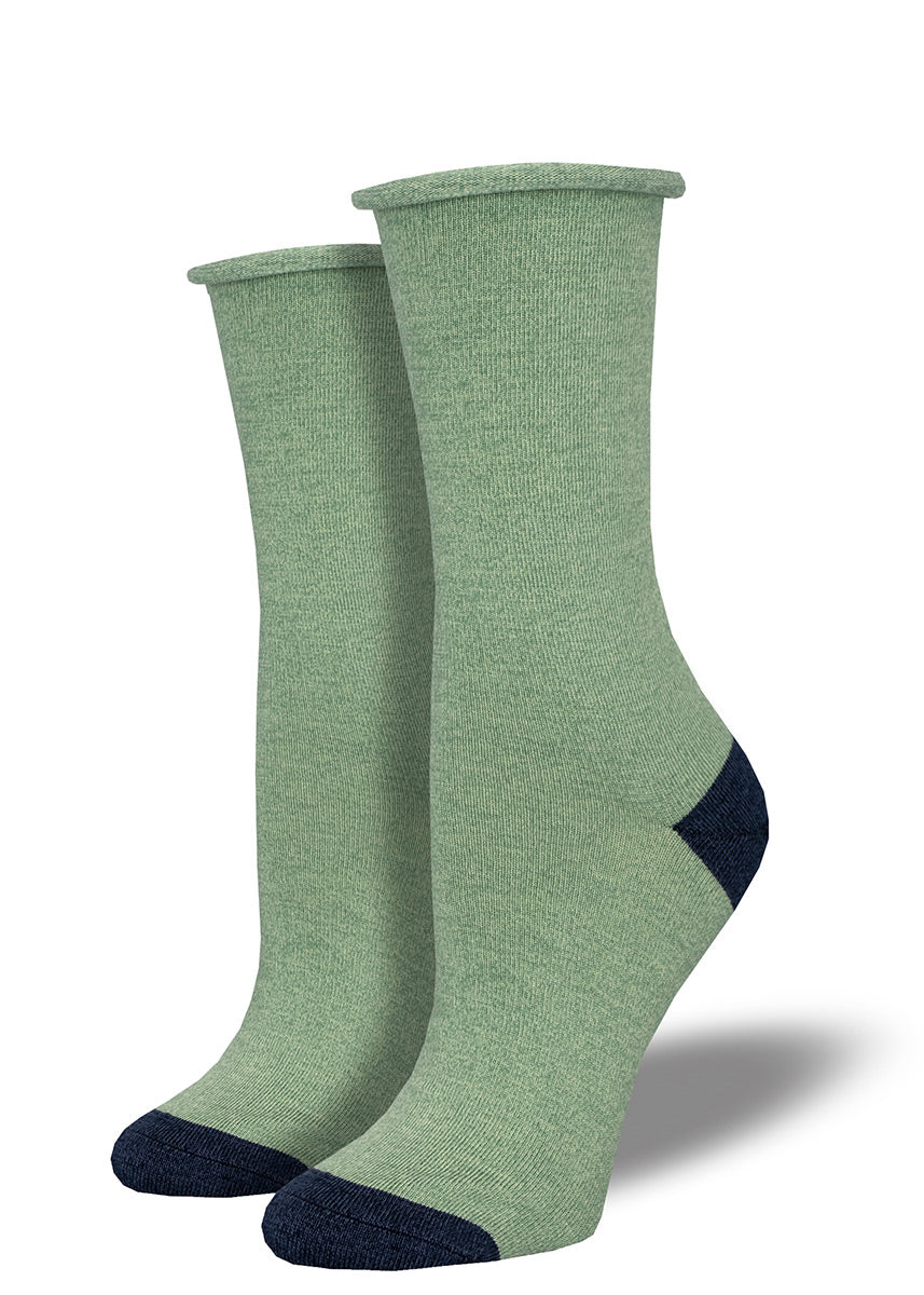 Solid mint green heather women&#39;s bamboo crew socks with a roll-top cuff and contrasting navy heel and toe.