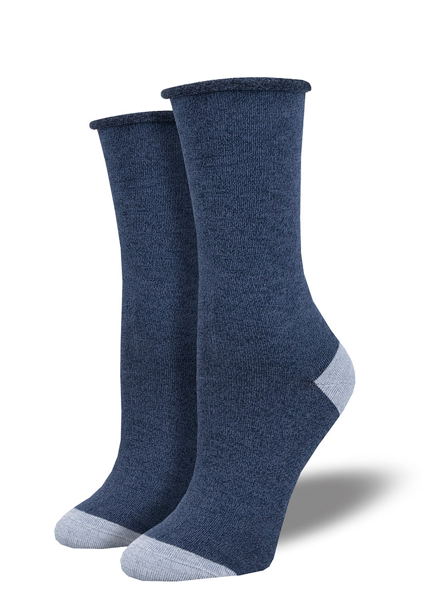 Solid navy heather women&#39;s bamboo crew socks with a roll-top cuff and contrasting light gray-blue heel and toe.