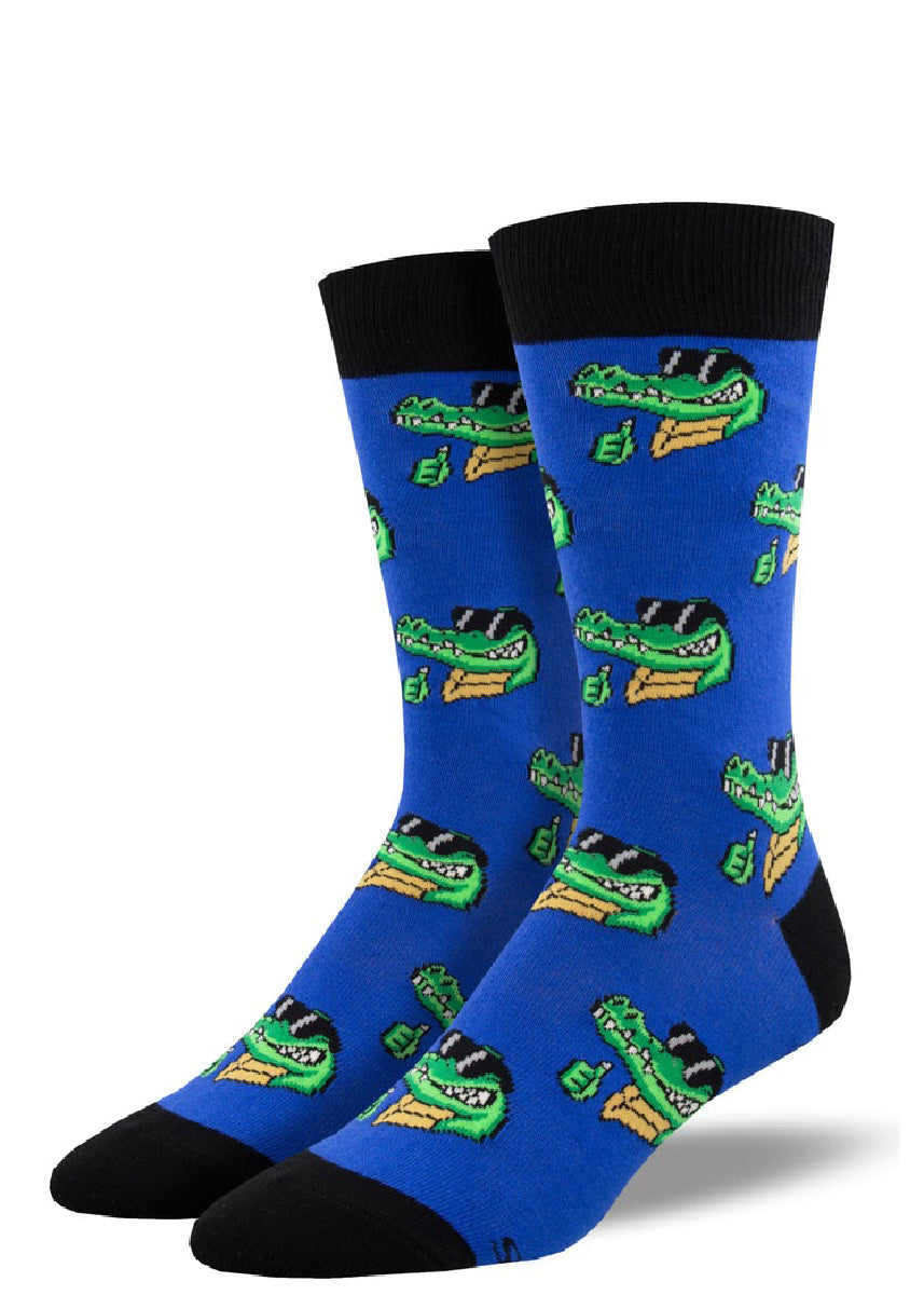 Funny socks for men feature crocodiles wearing sunglasses and giving the thumbs-up signal.