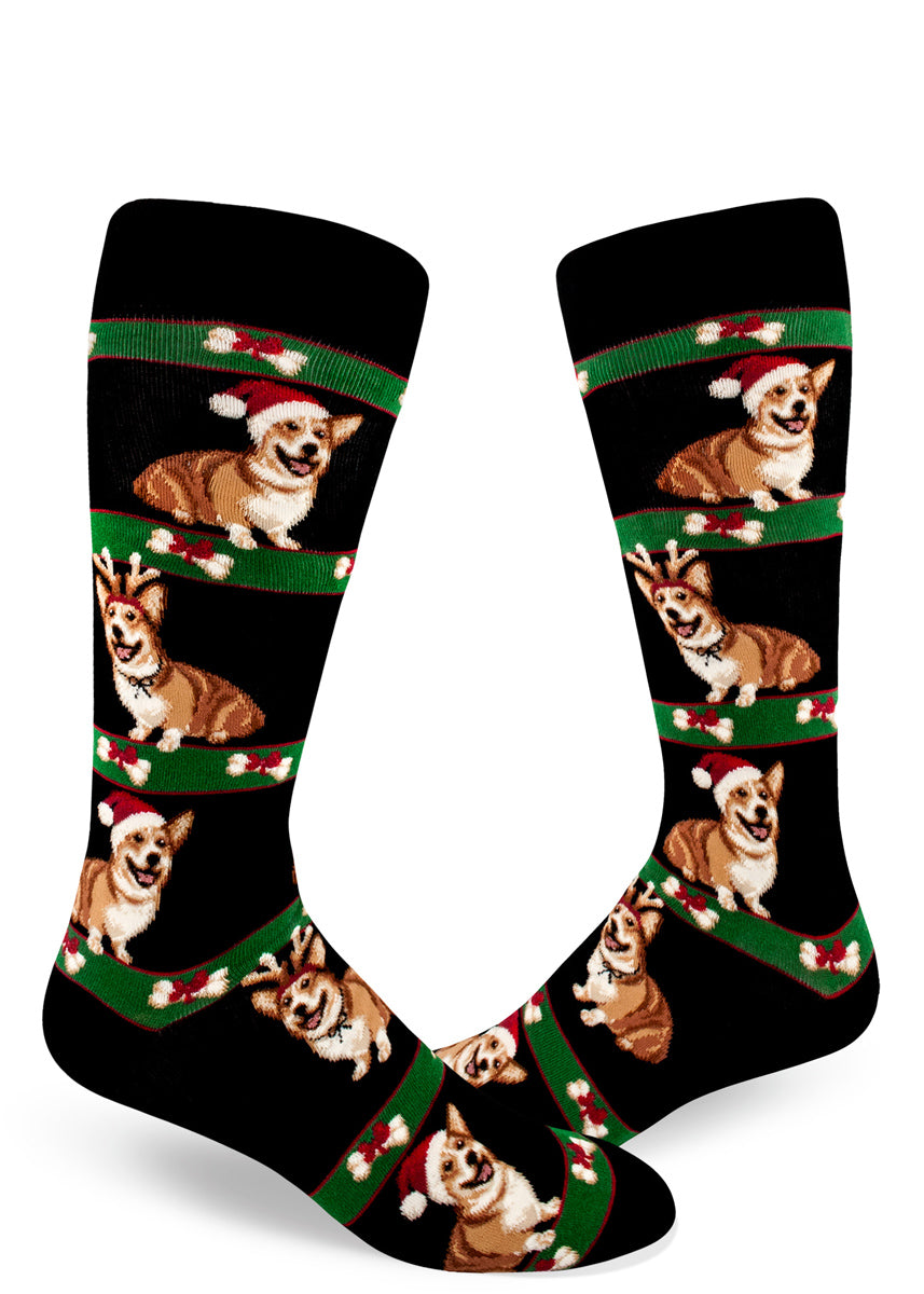 Christmas corgi socks for men with corgi dogs dressed in Christmas costumes like Santa hats and reindeer antlers