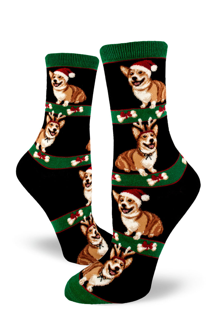 Cute Christmas corgi socks for women with dogs in Santa hats and corgis with reindeer antlers