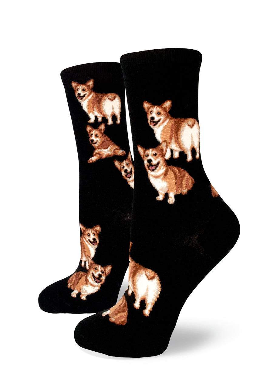 Corgi socks for women with cute corgis showing their fluffy butts on a black background