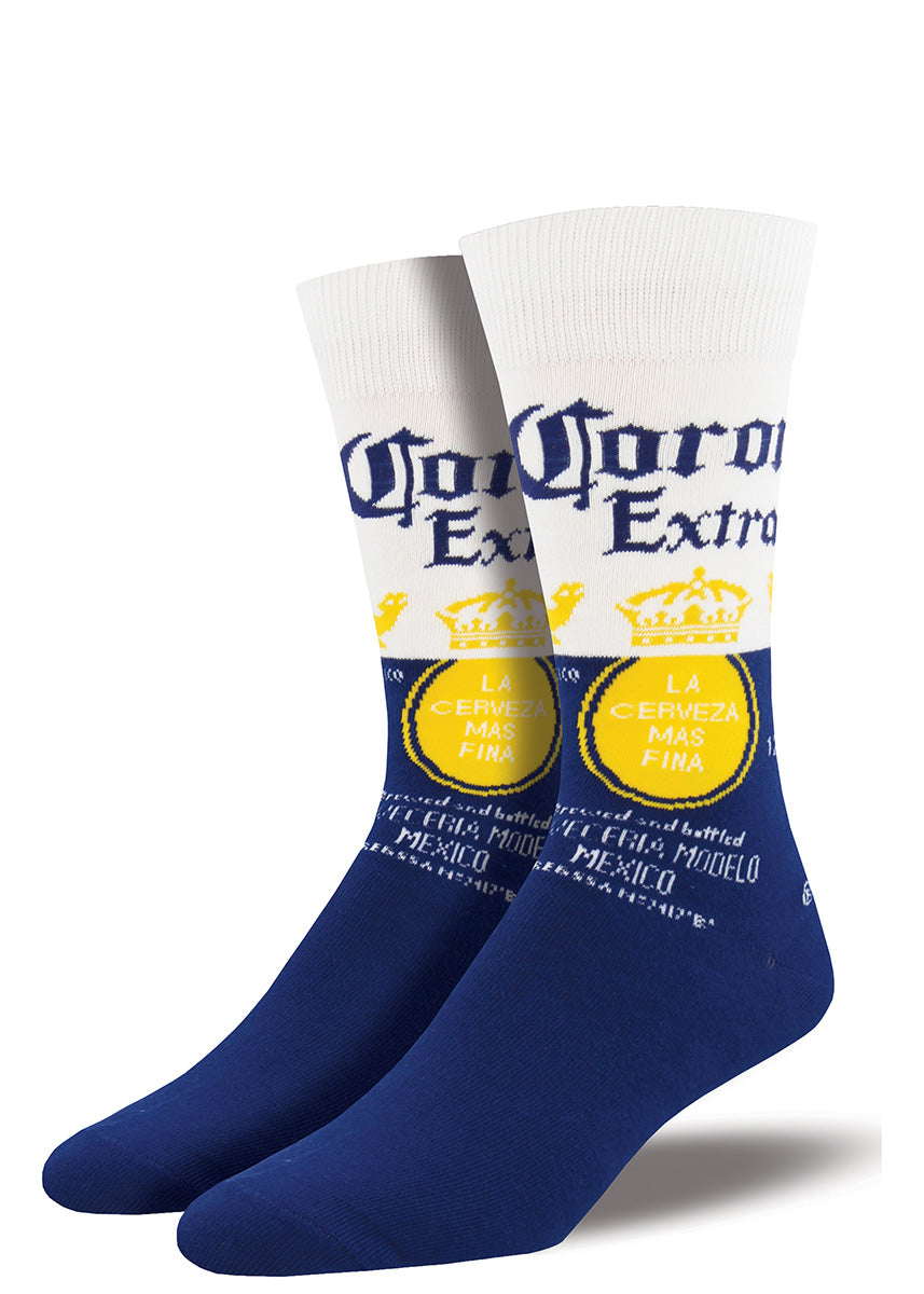 Corona beer socks for men that look like the Corona Extra beer label