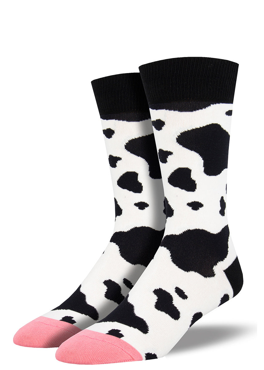 Cow socks for men with black & white cow spots and pink toes that look like udders