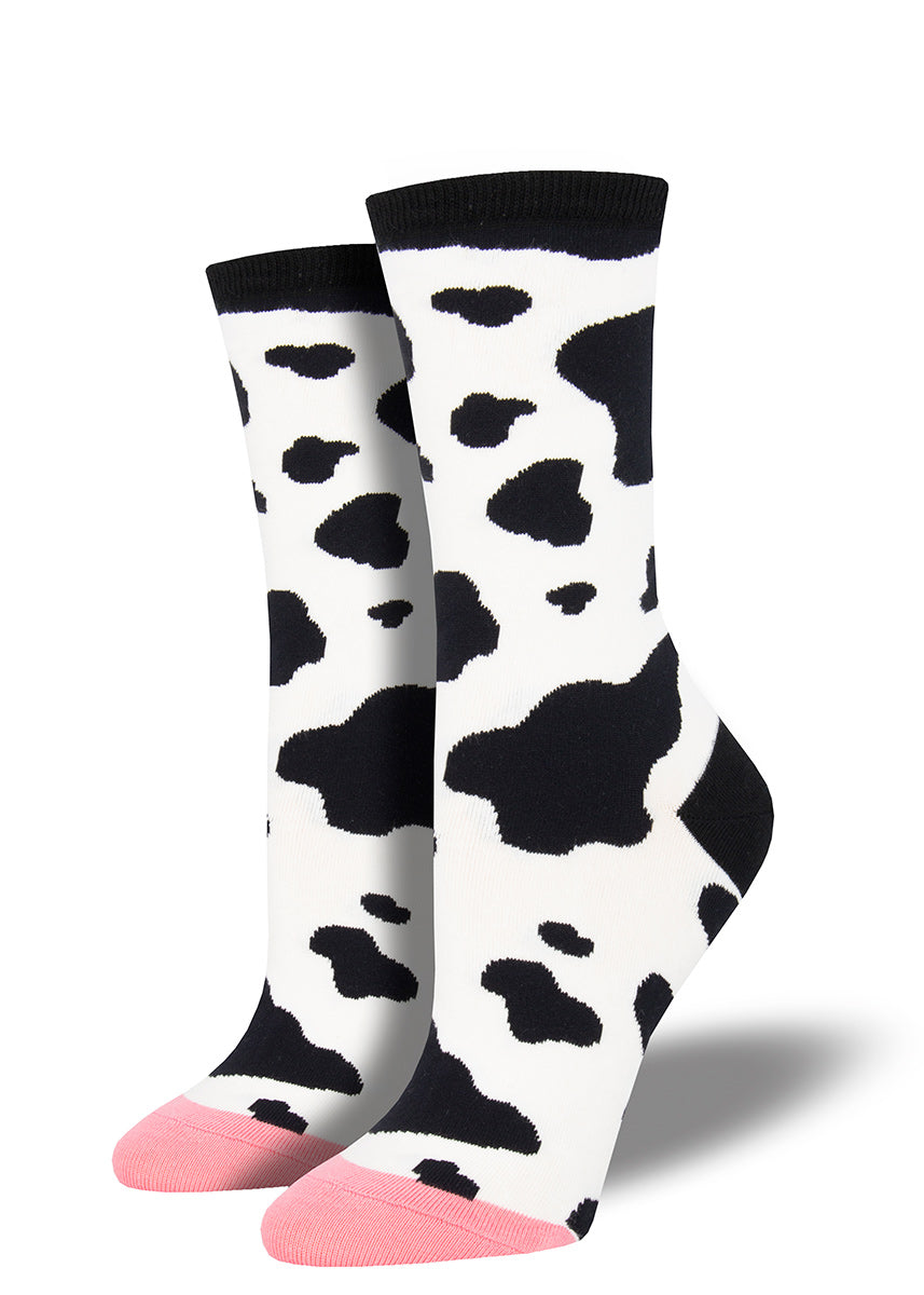 Cow socks for women with cow spots and pink udder toes
