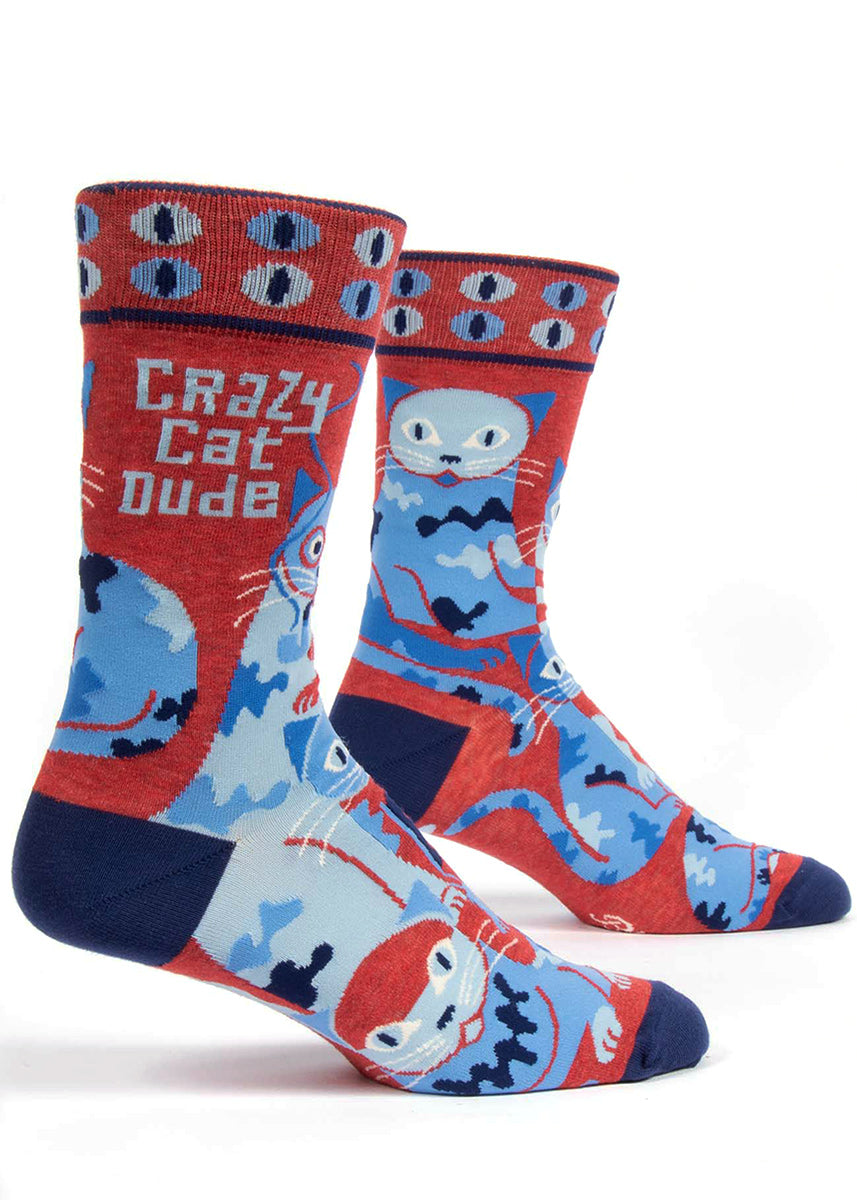 Crazy cat socks for men that say &quot;Crazy cat dude&quot; with blue cats and psychedelic cat eyes