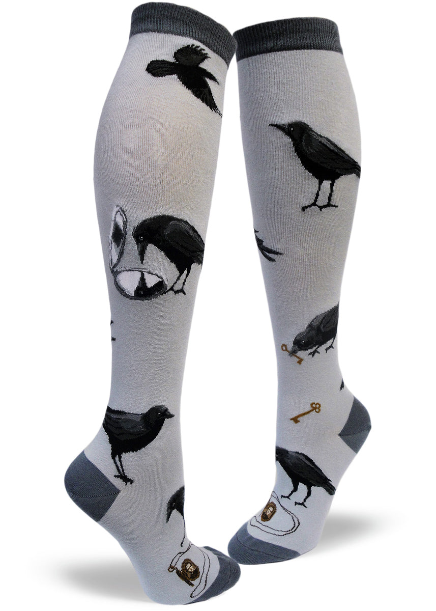 Knee-high crow socks for women with black birds finding shiny treasures like keys and gold lockets