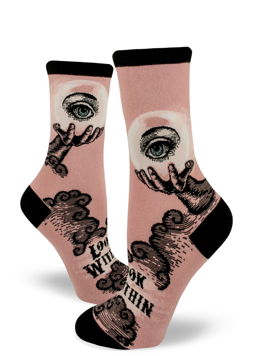 Magic crystal ball socks for women with a dusty pink background and the words "Look Within"