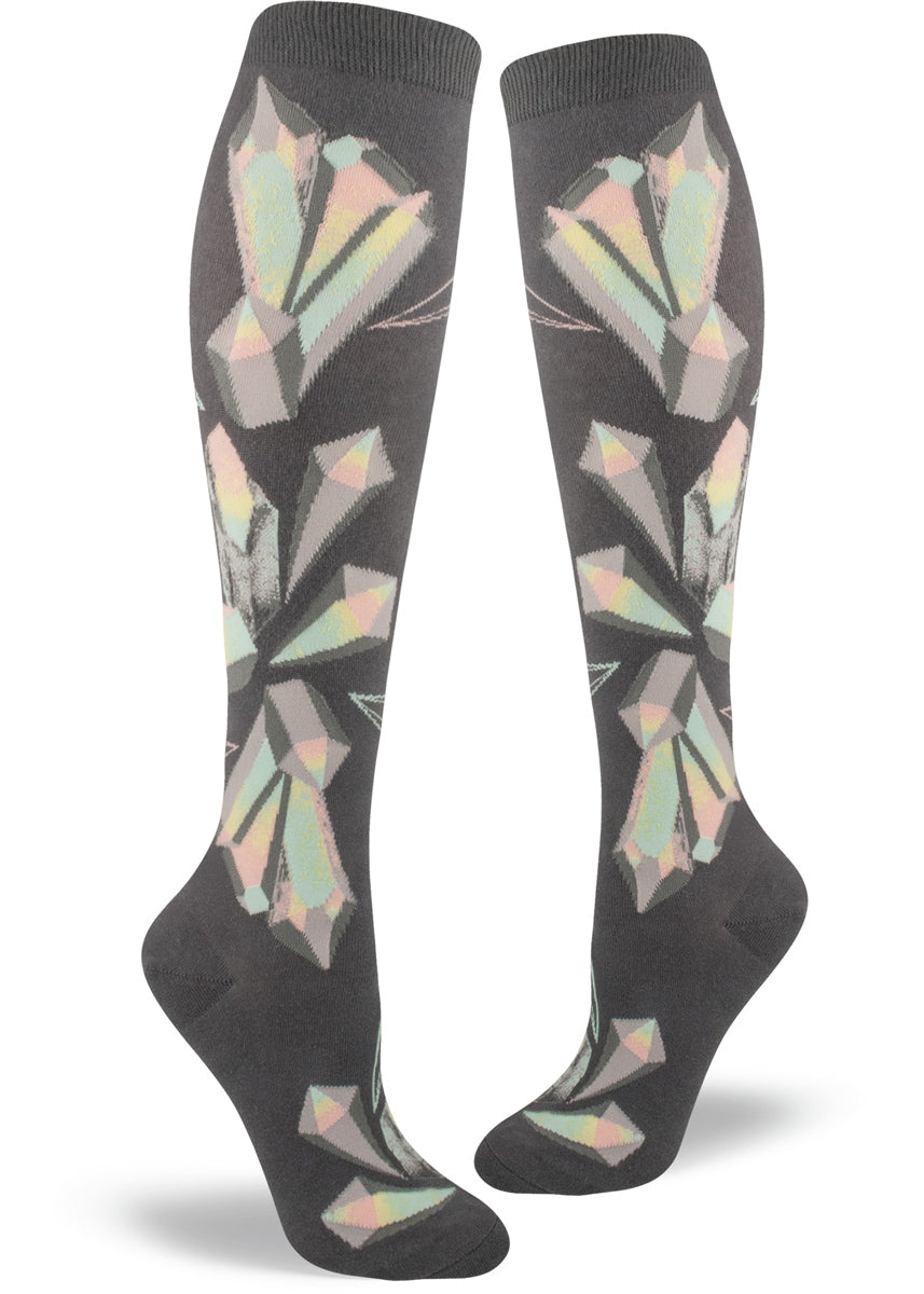 Crystal socks for women with prismatic crystals on knee-high socks with dark gray background