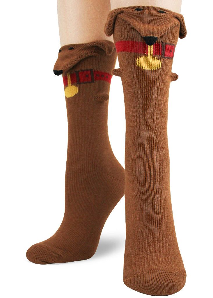 Funny 3D dog socks for women with floppy ears, dachshund faces and red collars