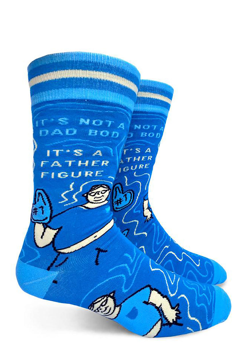 Funny socks for men show a man embracing his body shape with the words, "It's not a dad bod, it's a father figure."