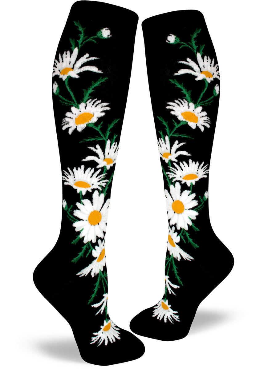Knee-high daisy socks for women with yellow and white daisy flowers on a black background