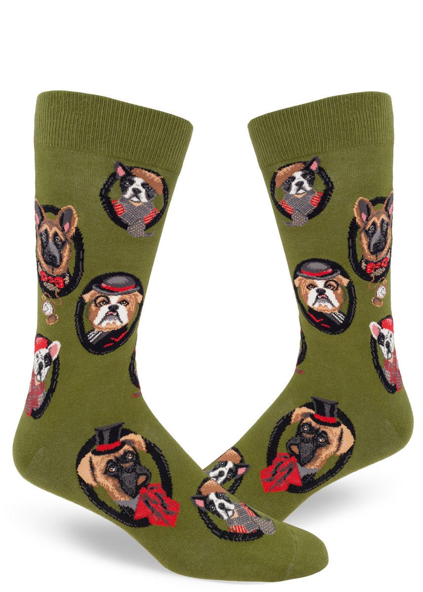 Dog socks for men with different dogs wearing clothes like fancy gentlemen