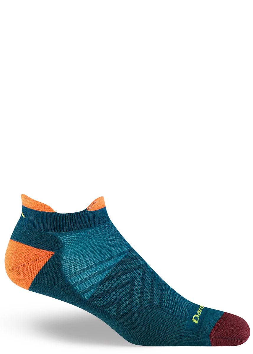 Dark teal wool ankle running socks for men with orange accents at the heel and pull-on tabs, and a burgundy toe.