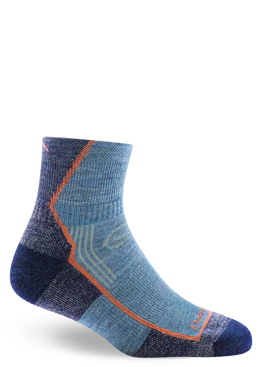 Denim-colored wool hiking socks for women in quarter length.