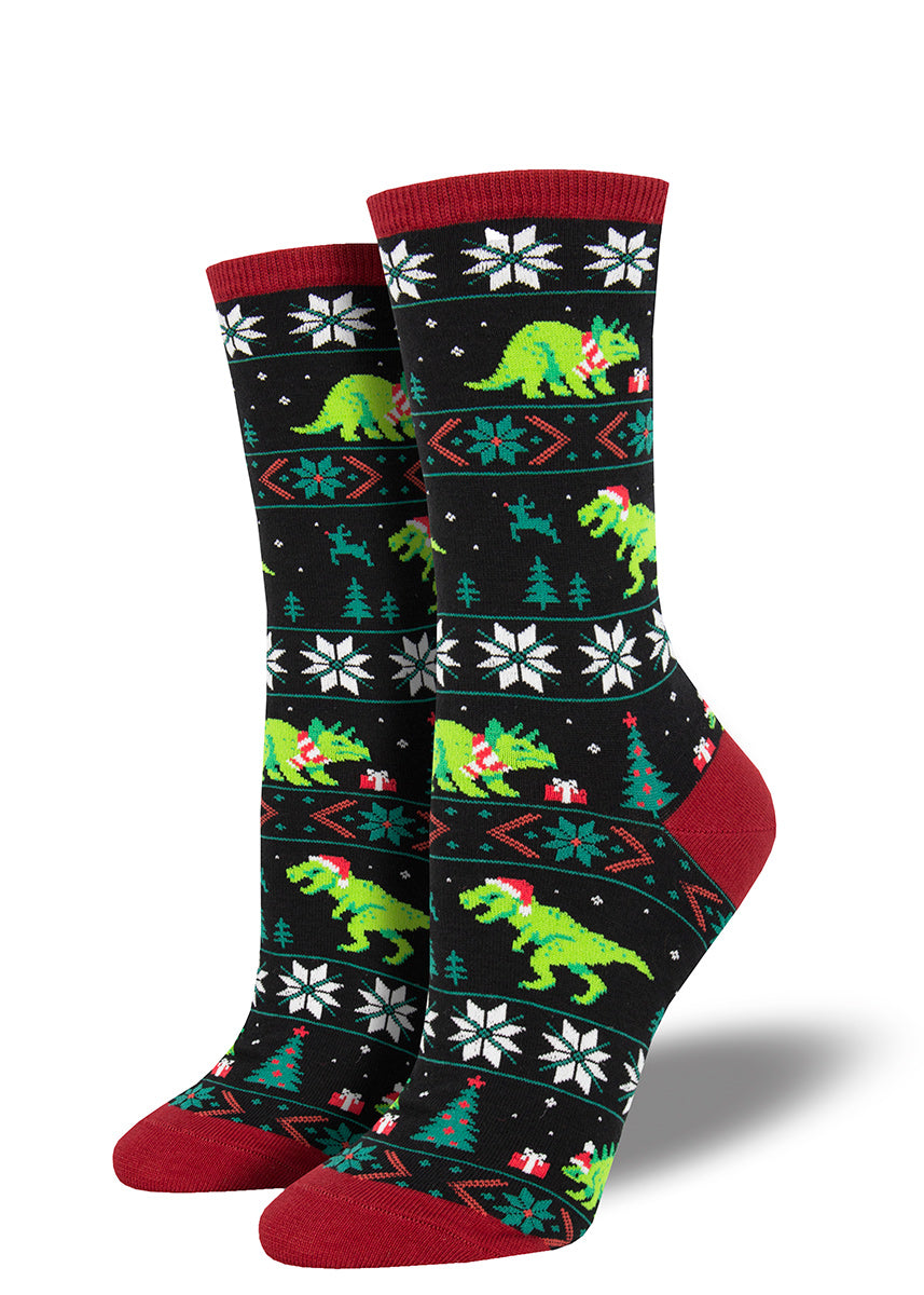 Fun Christmas dinosaur socks for women with crazy Christmas sweater pattern