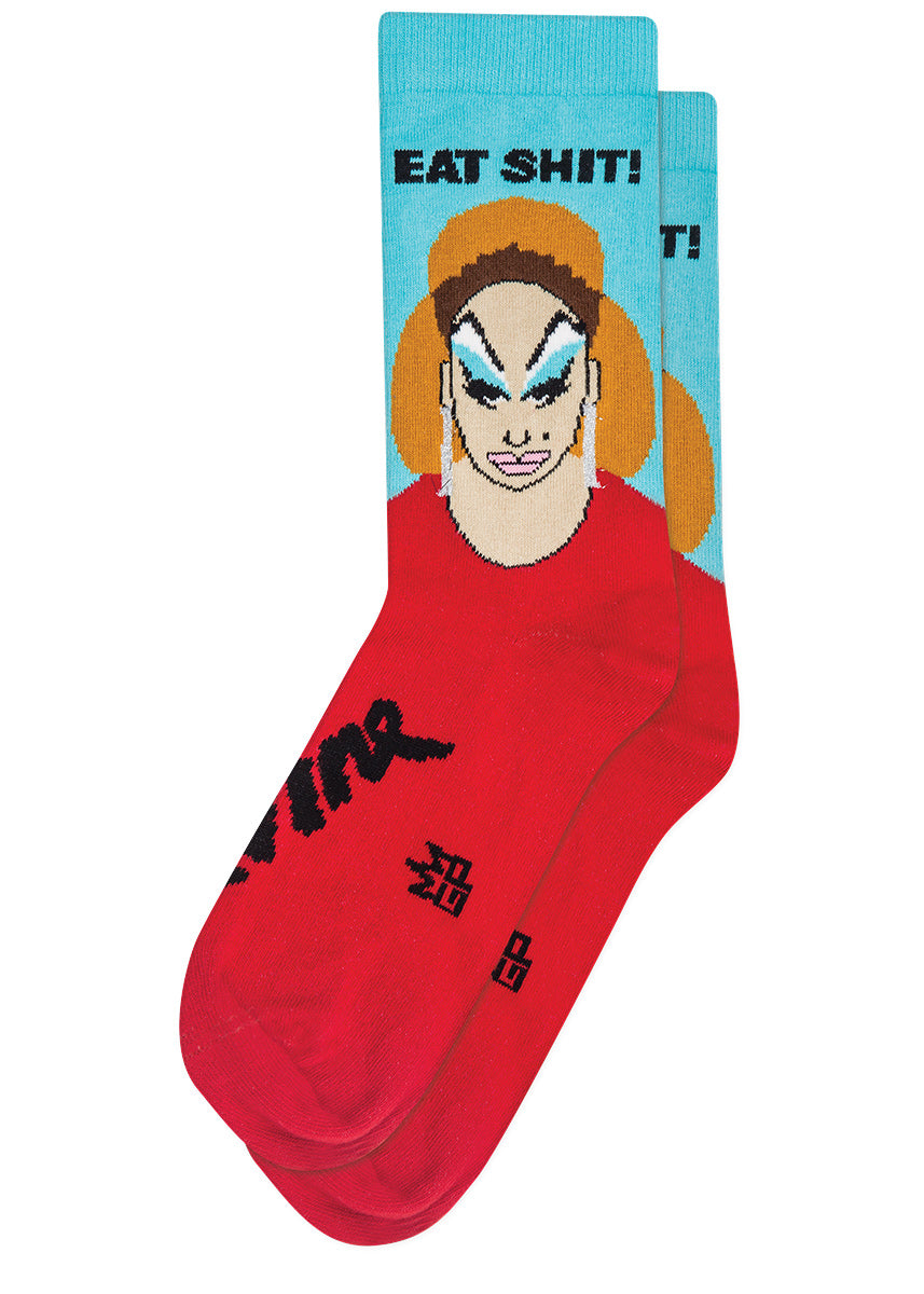 Funny drag queen socks with Divine from Pink Flamingos with the words &quot;EAT SHIT!&quot;