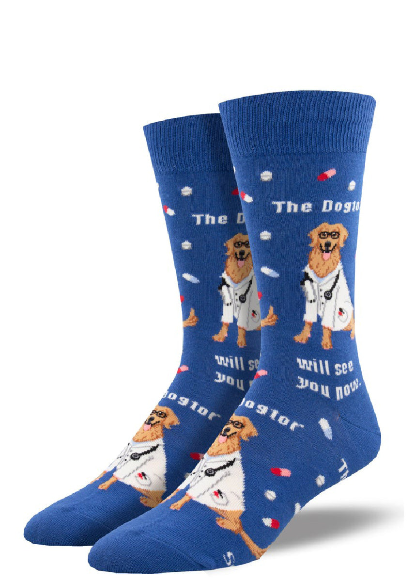 Veterinarian dog socks for men with golden retrievers wearing glasses and lab coats, along with the saying “The Dogtor Will See You Now."