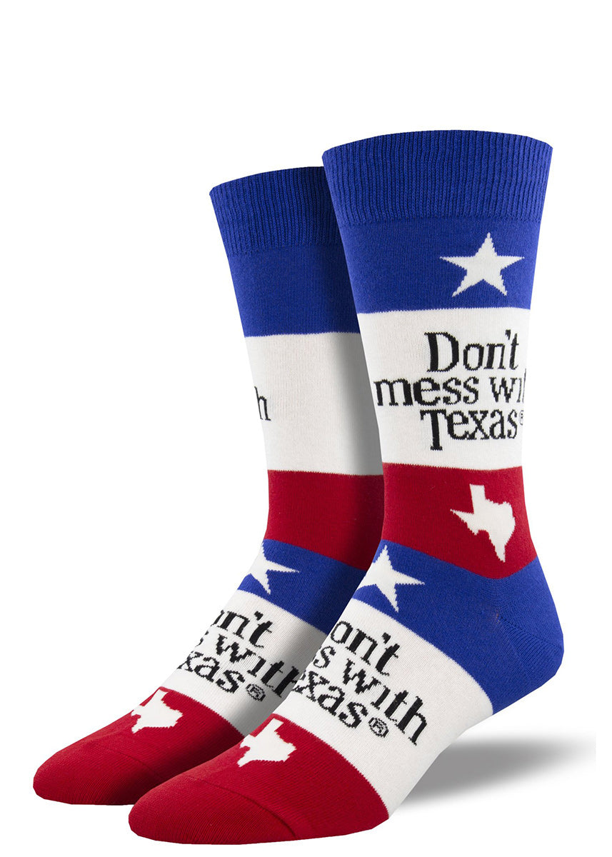 Funny socks for men say, "Don't mess with Texas," and feature a Lone Star flag design. 