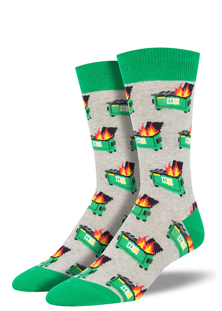 Dumpster fire socks for men with flaming trash cans