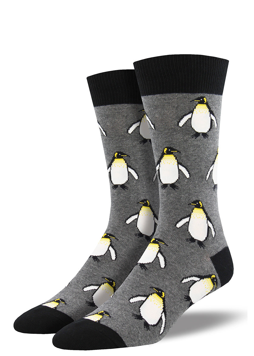 Emperor penguin socks for men have happy penguins for your feet.