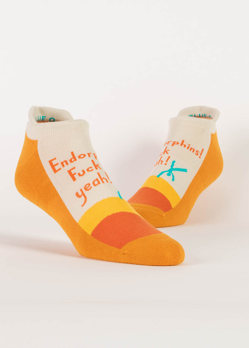 Athletic ankle socks with a cartwheeling stick figure and the words “Endorphins! Fuck yeah!”