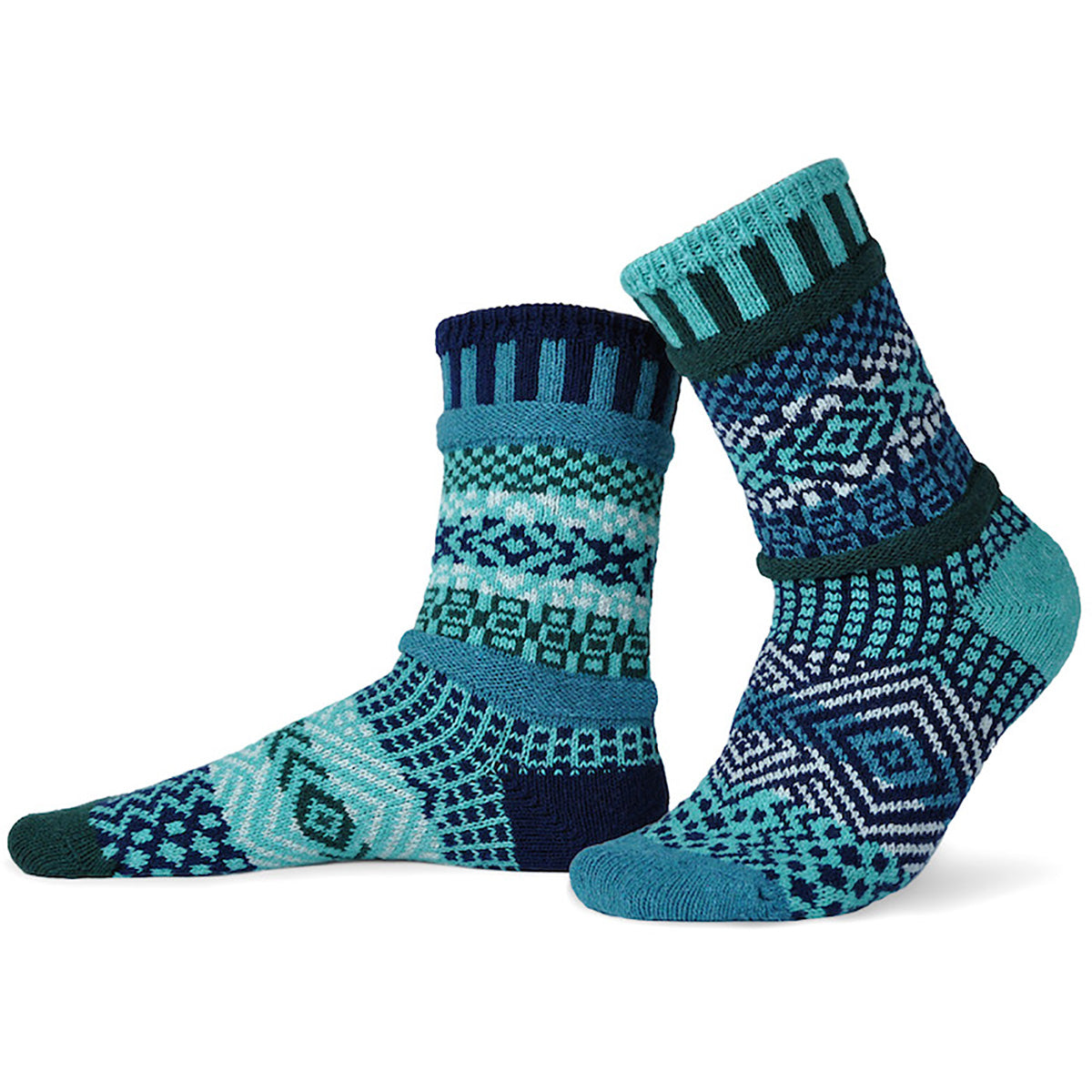 Mismatched socks from Solmate Socks in Evergreen pattern with blue and green
