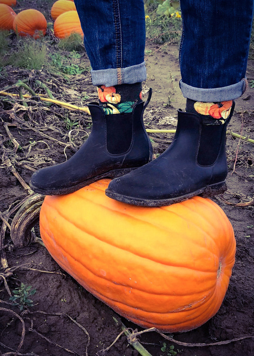 Adorable crew socks for women feature pumpkins and other gourds in shades of orange, yellow, and green; a vibrant Autumn harvest!