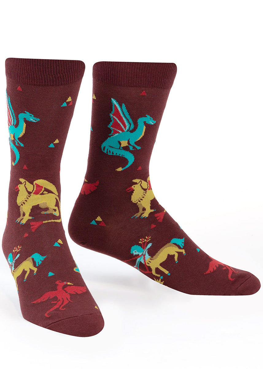Mythical creature socks for men feature dragons, griffins, phoenixes, and centaurs!