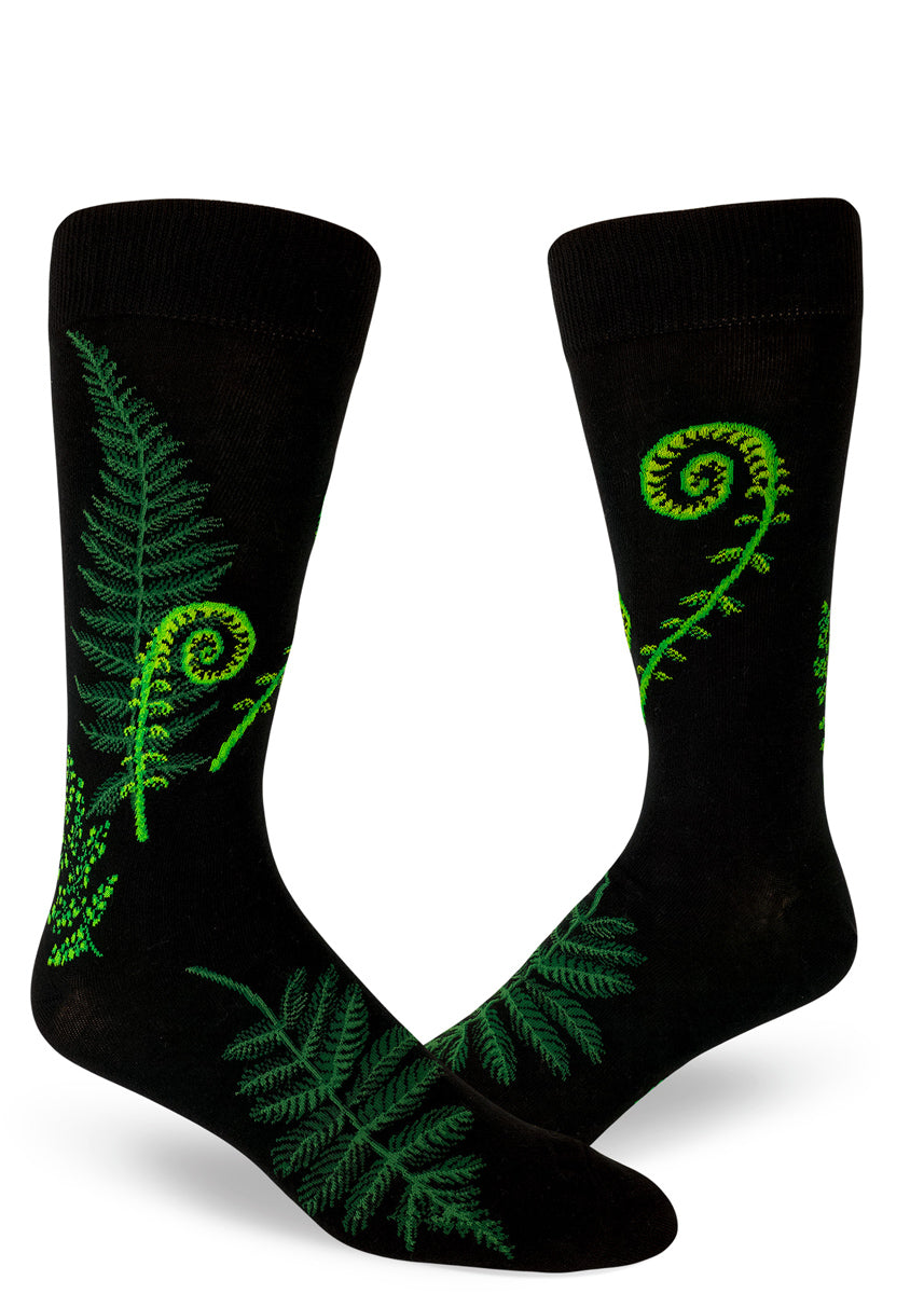 Fern socks for men with ferns and fiddleheads like in the Pacific Northwest in green on a black background
