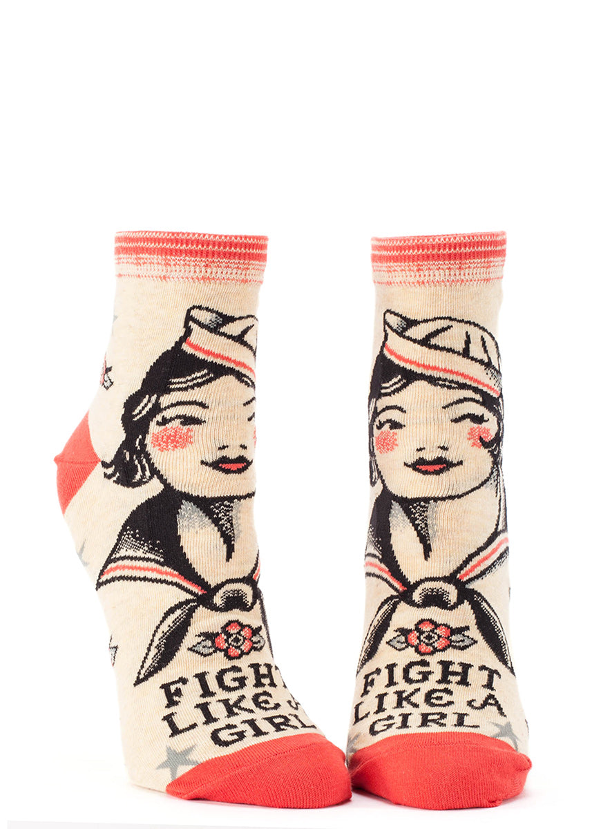 These women's ankle socks have a lovely sailor and the words, "FIGHT LIKE A GIRL."