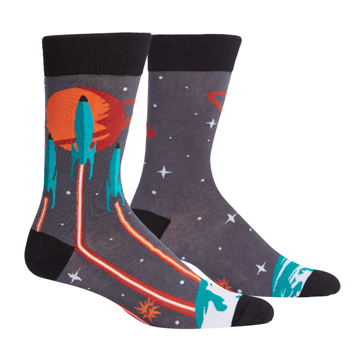 These space socks for men show a rocket launch from Earth headed toward distant planets.