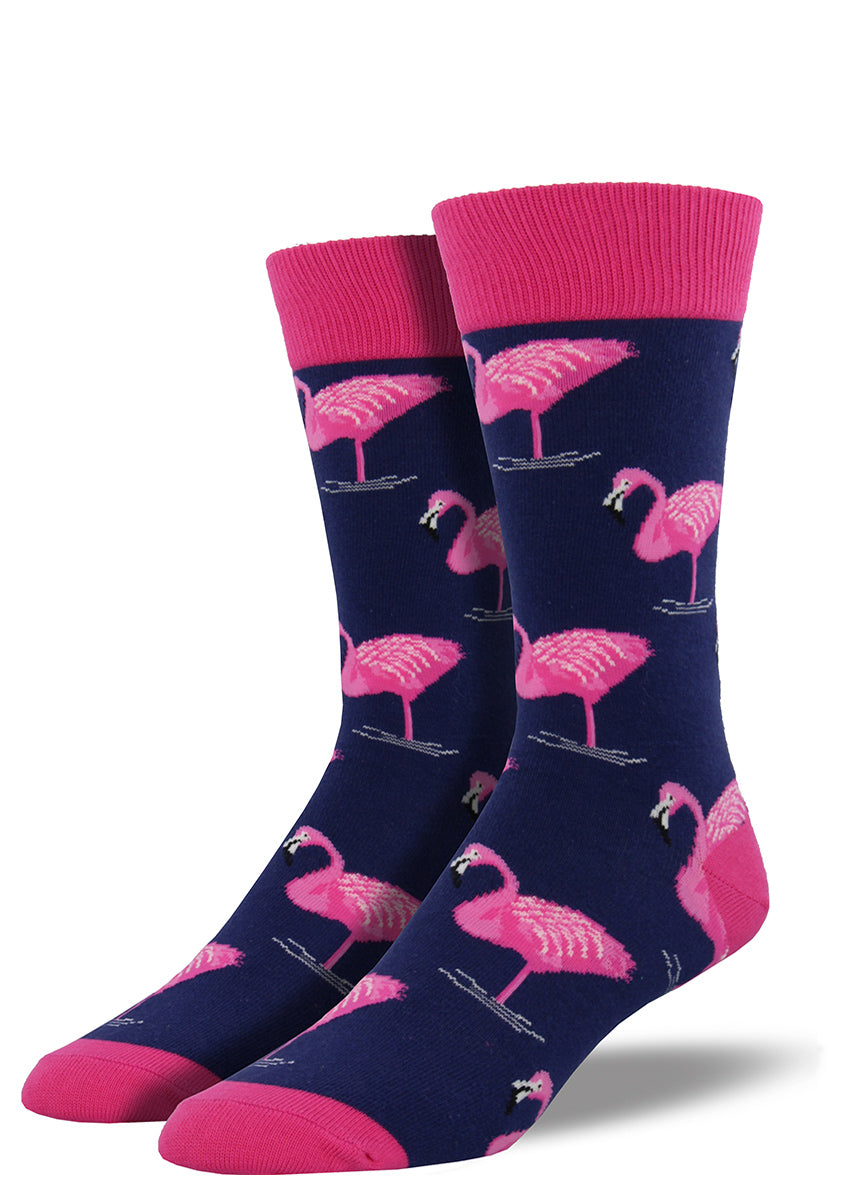 Flamingo socks for men with pink flamingoes on navy blue men's socks