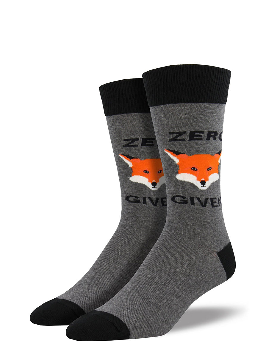 Extra-large crew socks for men say "Zero Fox Given" with a fox face in the middle!