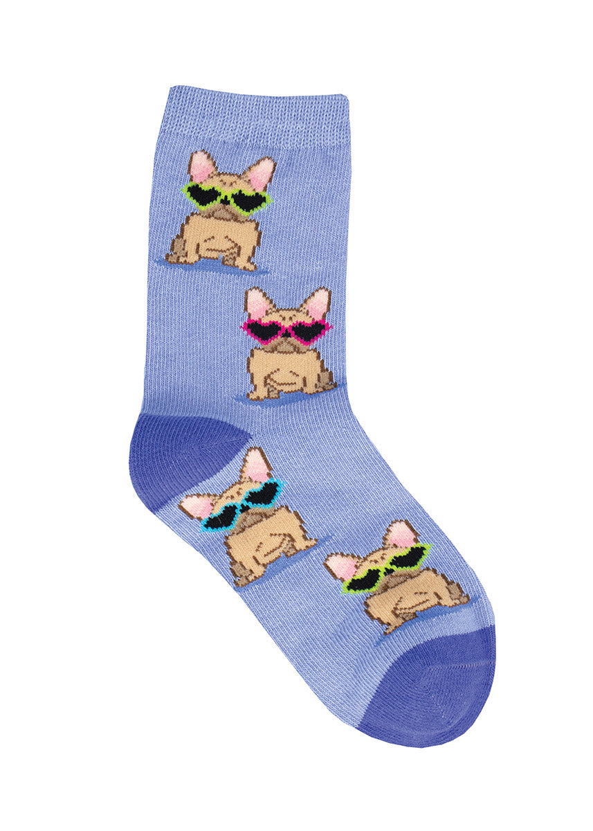 Fawn French bulldogs pose in multicolor heart-shaped sunglasses on these light blue crew socks for kids.
