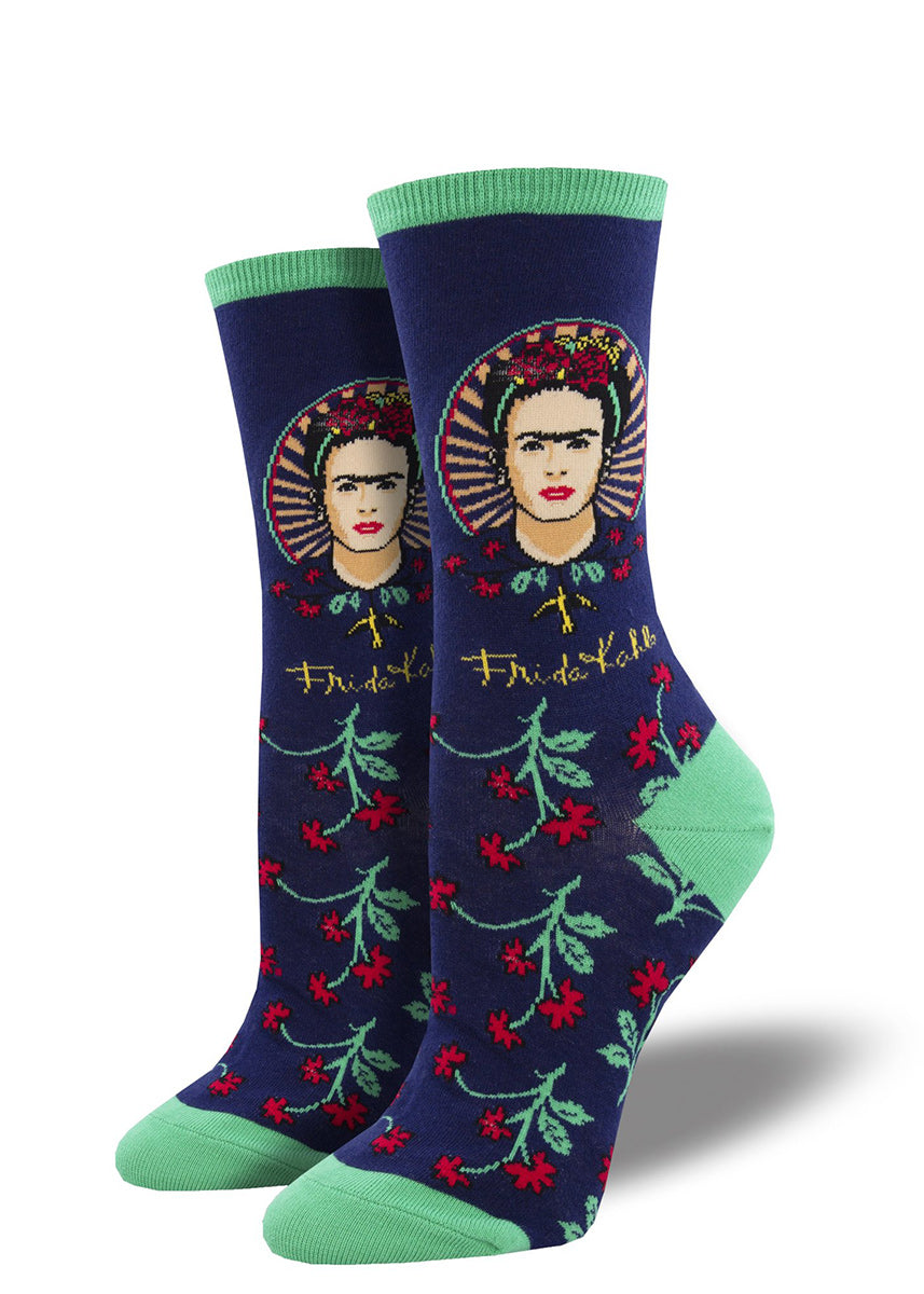 Art socks for women feature a portrait of famous artist Frida Kahlo with flower details below.
