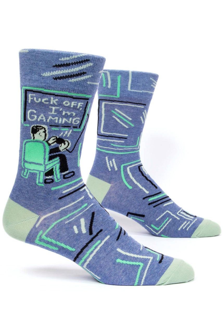 Funny video game socks for men that say "Fuck off I'm Gaming."
