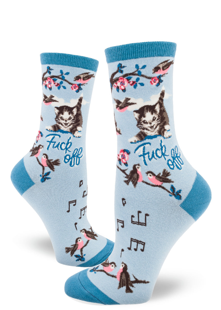 Funny swear word socks for women show adorable kittens telling singing birds to "Fuck off."