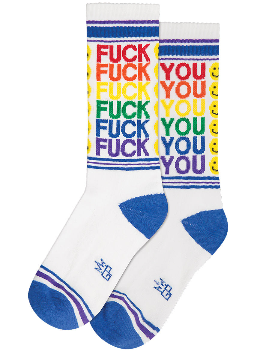 White retro athletic socks that say &quot;FUCK YOU&quot; in rainbow lettering with yellow smiley phases