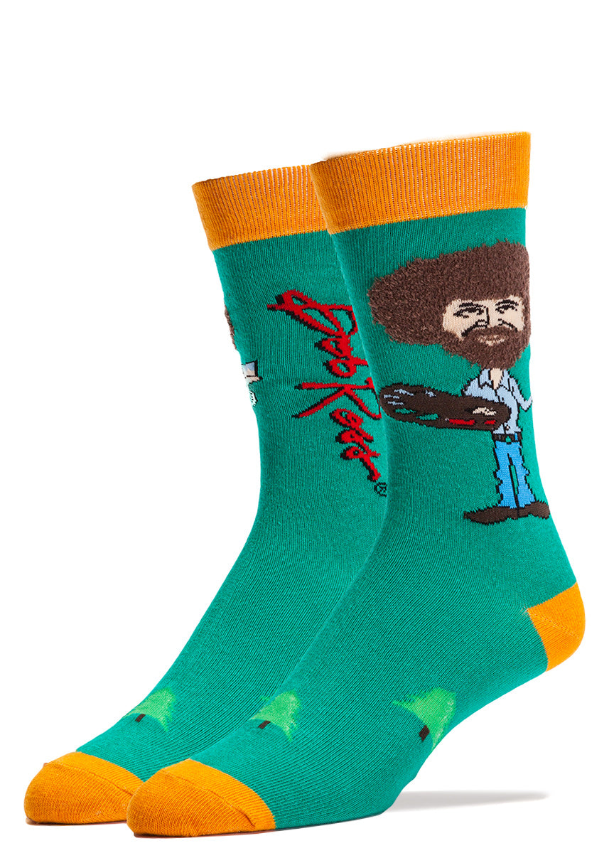Fuzzy hair Bob Ross socks for men with 3D hair texture and the artist holding a palette of paint