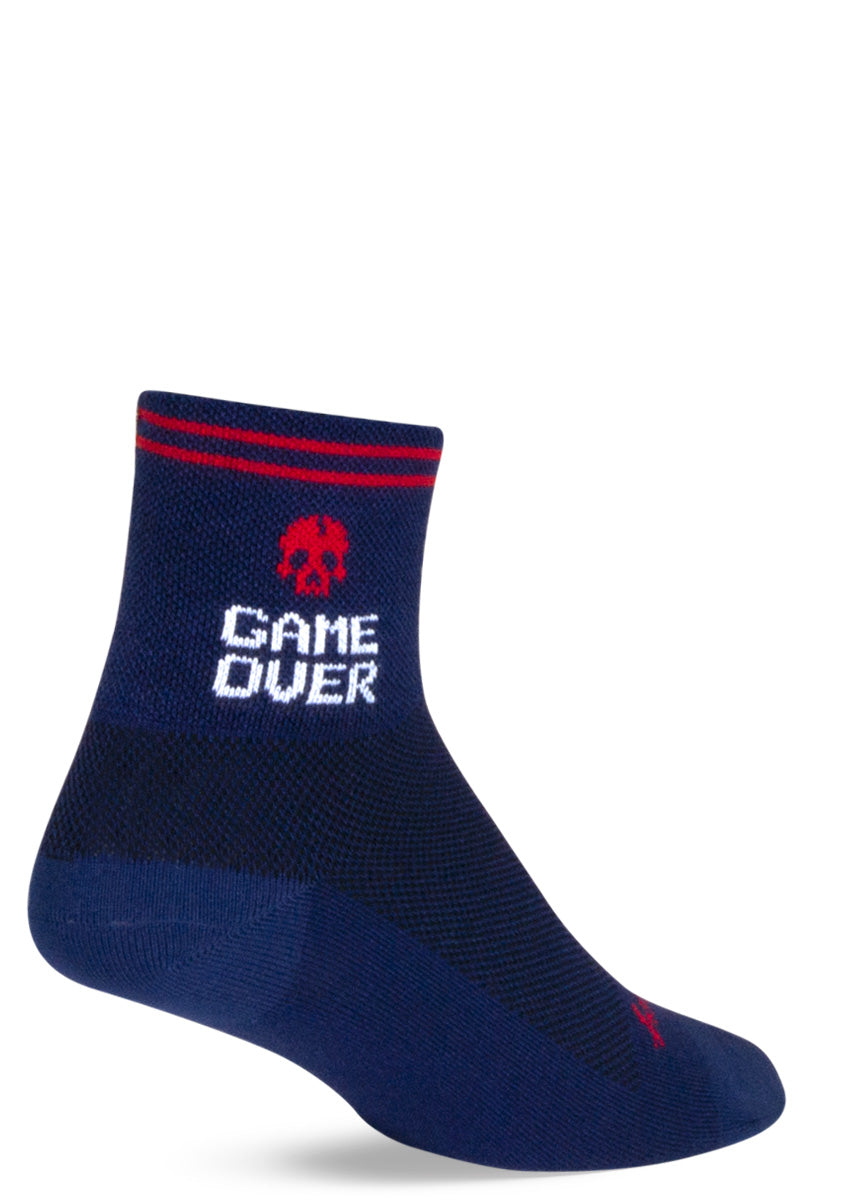 Athletic ankle socks feature a red skull with the words &quot;Game Over&quot; on a navy blue background.